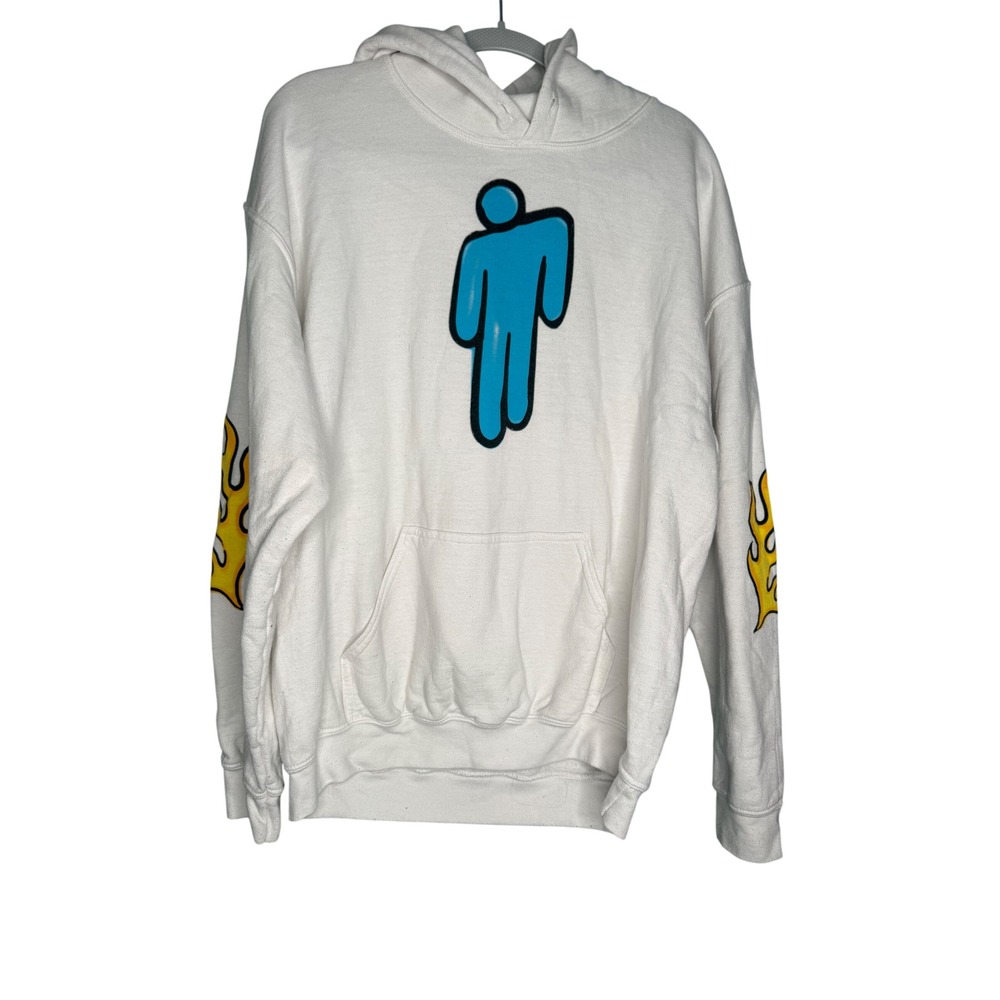 Billie Eilish World Tour 2019 Hoodie White Blohsh Logo Flame Sleeve Large
